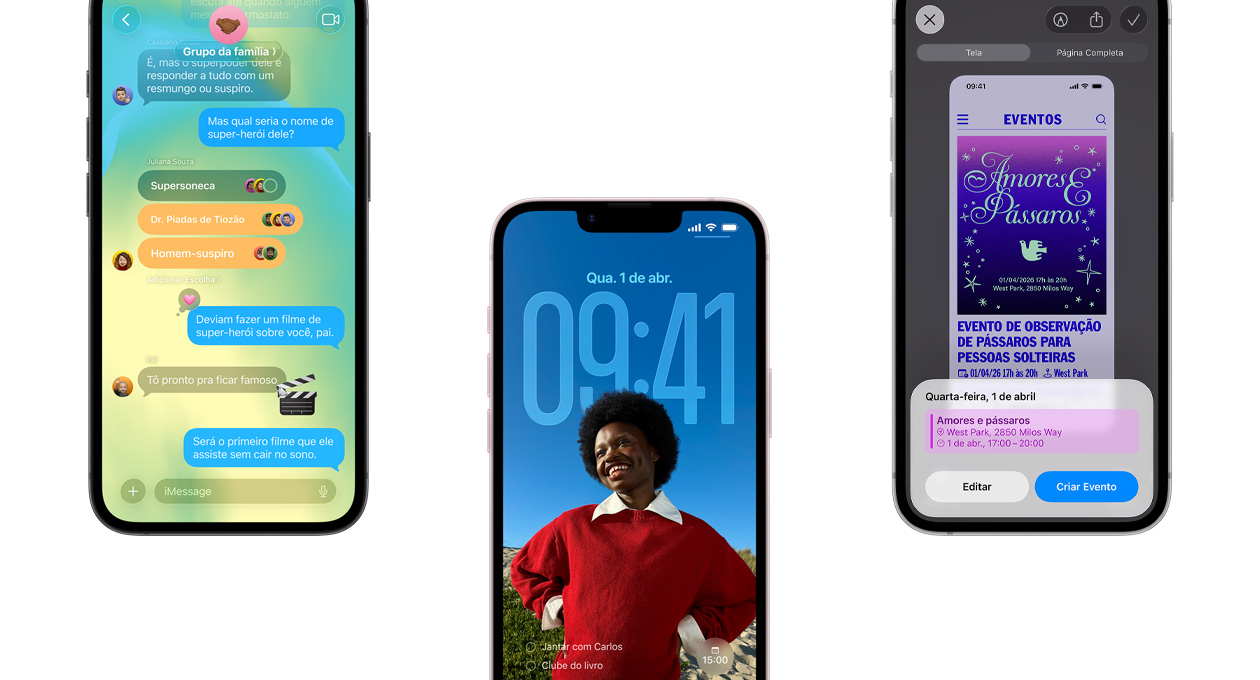 Três aparelhos iPhone 17e mostrando o app Mensagens com design em Liquid Glass, a Tela Bloqueada dinâmica e o recurso de captura de tela com um evento do Calendário em uso