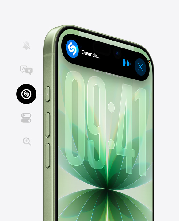 Parte da frente do iPhone 17 na cor sálvia com Ceramic Shield, Dynamic Island mostrando o Shazam em uso, e imagem lateral que mostra os botões de Ação e de volume