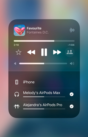 AirPlay screen on iPhone showing how to easily share an audio stream between two sets of AirPods.