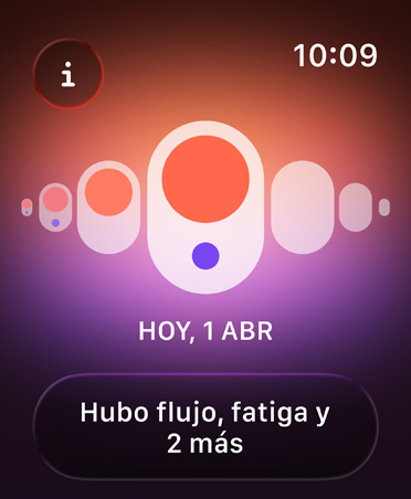 Control del Ciclo en la app Salud, puntos naranja y morados resaltan distintos síntomas menstruales