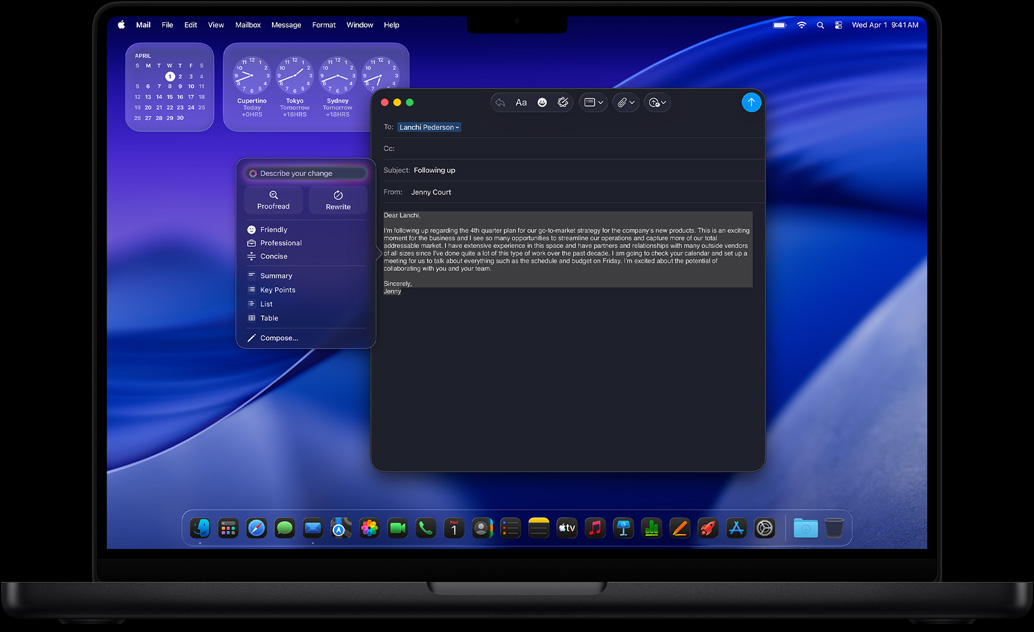 Ukázka použití Psacích nástrojů Apple Intelligence při psaní e‑mailu