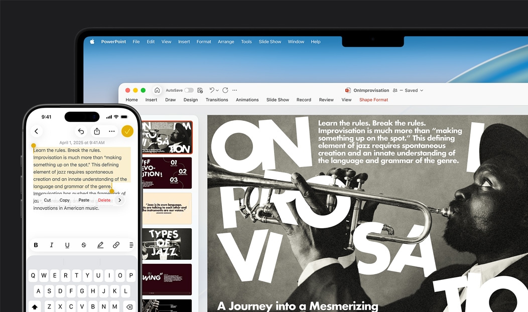 iPhone 16 Plus se zvýrazněným textem v aplikaci Poznámky, MacBook Pro s otevřenou prezentací v Microsoft PowerPointu, na snímku je viditelný text z aplikace Poznámky