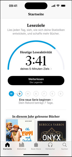 iPhone Bildschirm mit der Oberfläche „Leseziele“ in der Books App. Oben befindet sich ein Fortschrittsring. Unterhalb des Fortschrittsrings befindet sich der Tracker für den wöchentlichen Leseerfolg. Unten im Bereich „In diesem Jahr gelesene Bücher“ ist eine Reihe von zwei Büchern mit einem leeren Platz für ein drittes zu sehen