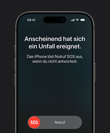 iPhone 17 Pro Vorderansicht mit gerundeten Ecken, Feature für die Unfallerkennung in Aktion