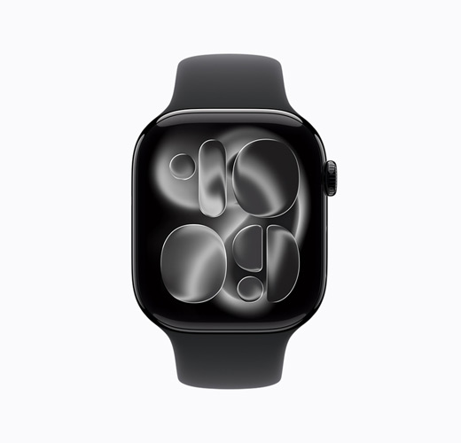 Vista lateral de un Apple Watch Series 11, color negro azabache, lateral