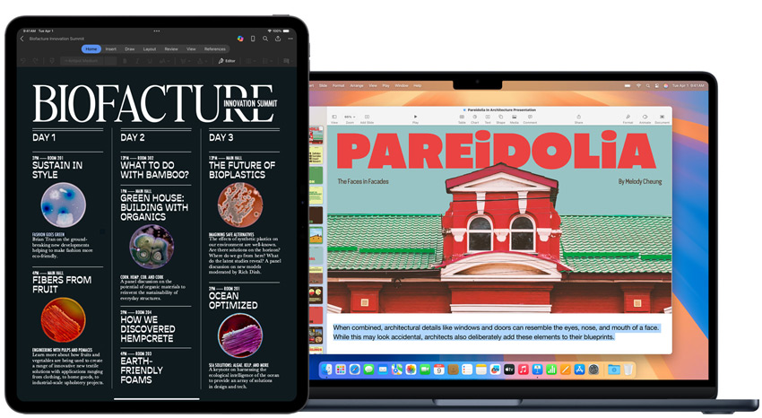 An iPad and MacBook displaying school projects.