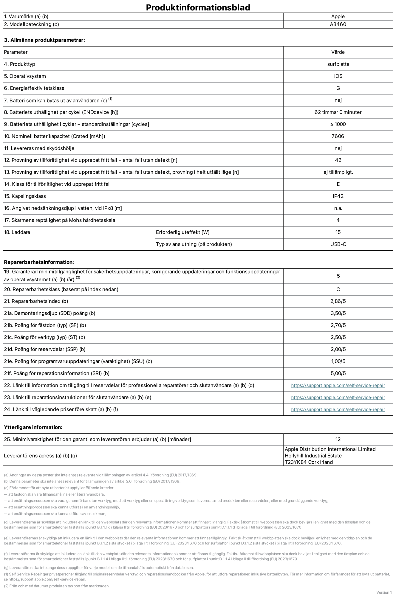 Produktinformationsblad för 11-tums iPad Air Wi‑Fi + Cellular, modell A3460. Tillhandahålls av Apple Distribution International Limited, Hollyhill Industrial Estate. Cork, Irland, T23 YK84. Enhetstyp: surfplatta. Operativsystem: iOS. Energieffektivitetsklass: G. Batteri som kan bytas ut av användaren: nej. Batteritid per laddningscykel: 62 timmar. Batteriets livslängd i antal cykler – standardinställningar: ≥ 1000. Nominell batterikapacitet: 7606 mAh. Levereras med skyddsfodral: nej. Tillförlitlighetstest vid upprepat fritt fall – antal fall utan defekter: 42. Tillförlitlighetstest vid upprepat fritt fall – antal fall utan defekter testat i helt utfällt läge: ej tillämpligt. Tillförlitlighet vid upprepat fritt fall: klass E. IP-klass: IP42. Angivet nedsänkningsdjup i vatten vid iPx8: ej tillämpligt. Skärmens reptålighet enligt Mohs hårdhetsskala: 4. Laddare – uteffekt som krävs: 15 W. Typ av uttag på laddaren: usb-c. Garanterad minimiperiod för tillgång till säkerhetsuppdateringar, korrigerande uppdateringar och funktionsuppdateringar av operativsystemet: 5 år. Reparerbarhetsklass: C. Reparerbarhetsindex: 2,86/5. Poäng för demonteringsdjup (SDD): 3,50/5. Poäng för fästen: 2,70/5. Poäng för verktyg: 2,50/5. Poäng för reservdelar: 2,00/5. Poäng för mjukvaruuppdateringar: 1,00/5. Poäng för reparationsinformation: 5,00/5. Länk till information om tillgängliga reservdelar för professionella reparatörer och slutanvändare: https://support.apple.com/self-service-repair. Länk till reparationsanvisningar för slutanvändare: https://support.apple.com/self-service-repair. Länk till vägledande priser före skatt: https://support.apple.com/self-service-repair. Produkten omfattas av 12 månaders garanti.
