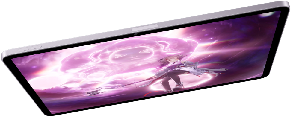 Un iPad Air in orizzontale, sullo schermo c’è un videogioco e in basso ci sono altri due modelli di iPad Air