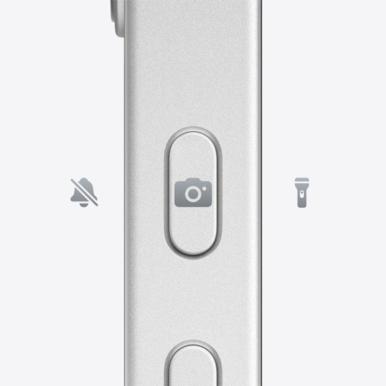 Bouton Action sur le côté d’un iPhone 16e en blanc.