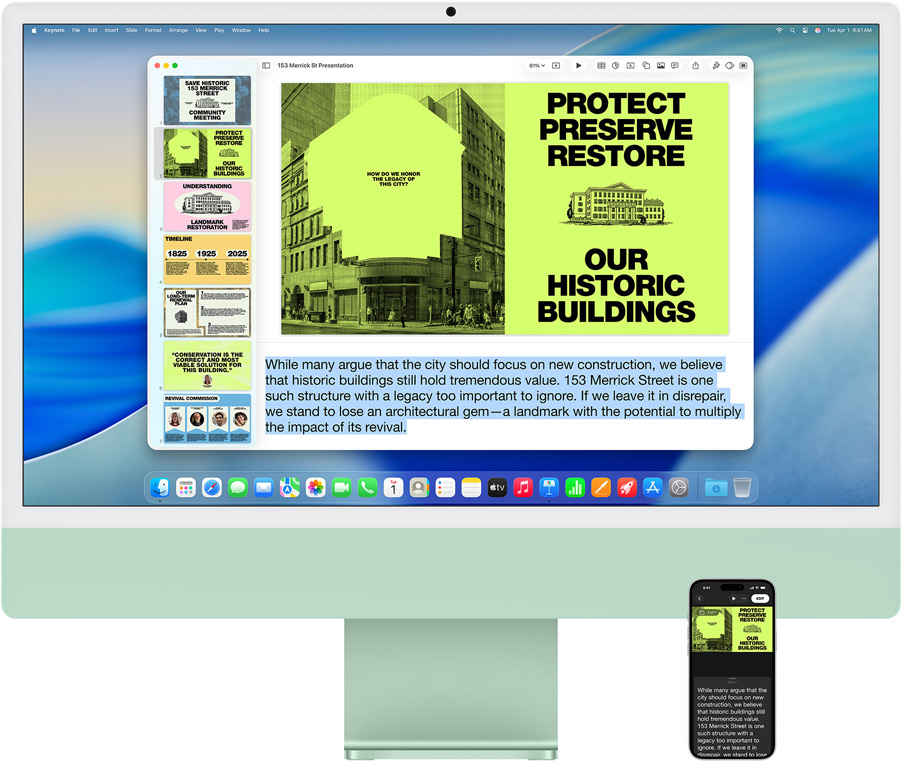 iMac e iPhone 16 Plus, l’app Keynote è aperta sull’iMac, la diapositiva e le note del presentatore sono visibili sull’iPhone