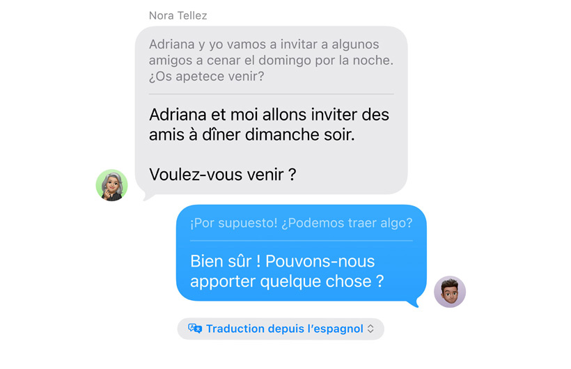 App Messages affichant Traduction en direct