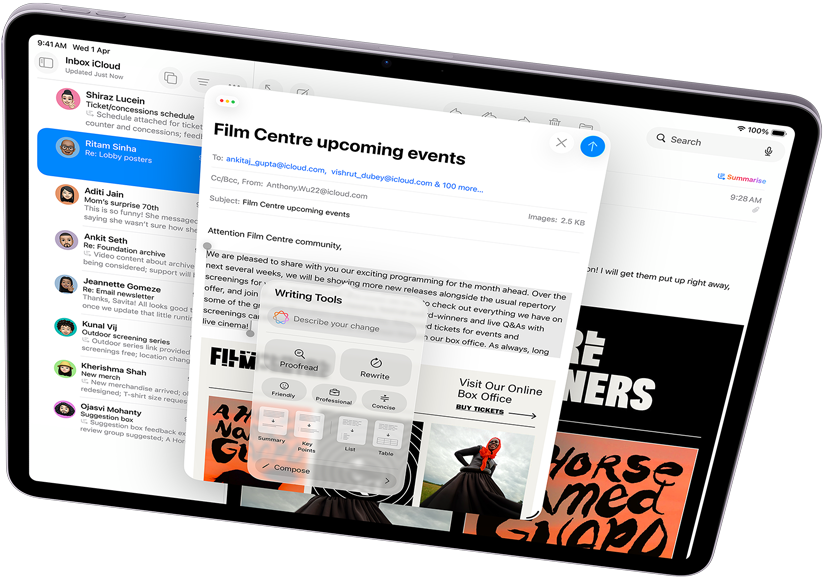 Landscape view of iPad Air showcasing Apple Intelligence, with Writing Tools and Mail