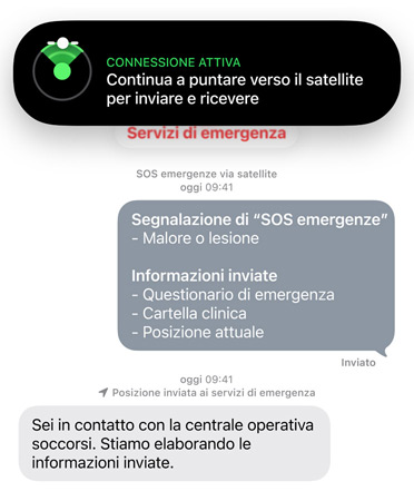 Funzione SOS emergenze via satellite in uso, che contatta i servizi di emergenza per chiedere aiuto per una persona malata o ferita