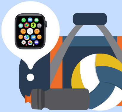 「探す」アプリによって、置き忘れたApple Watchがジムバッグの中にあるとわかったことを示すイラスト