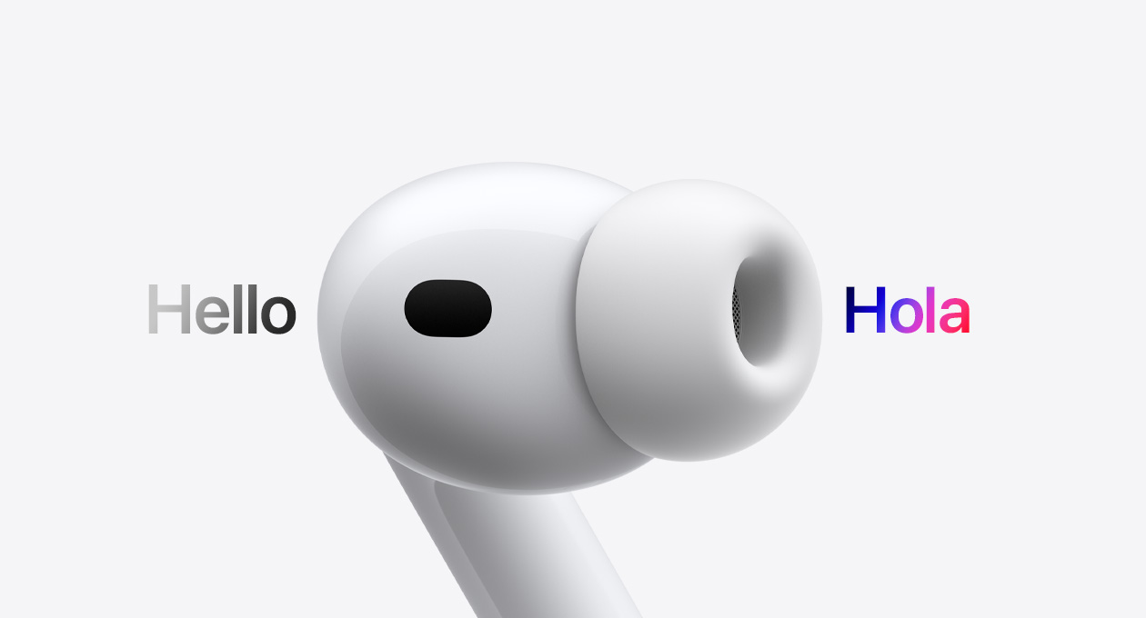 AirPods Pro 3, audífono con almohadilla de silicón, Traducción en Vivo cambia los caracteres en inglés que dicen 'hello' a un texto en español que dice 'hola'