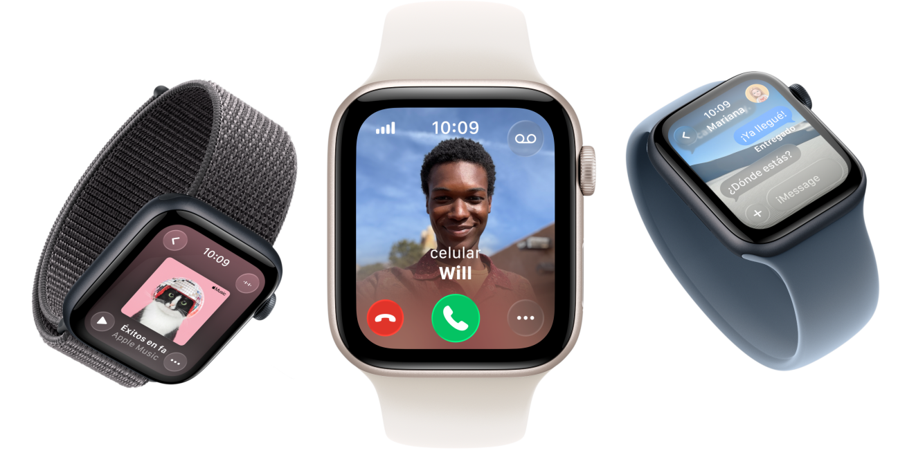 Dispositivos Apple Watch SE 3, caja de aluminio, blanco estelar y color medianoche, correa loop deportiva, color gris oscuro, correa uniloop, color rosa rubor, correa uniloop, color azul ancla, pantallas: Apple Music, llamada entrante, Mensajes