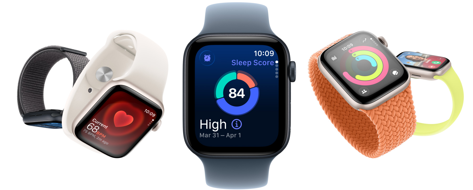 Apple Watch SE 3, boîtiers en aluminium, lumière stellaire et minuit, écrans : app Signes vitaux, app Fréquence cardiaque, Score de sommeil, anneaux Activité, appel entrant