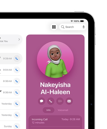 iPad, front right of screen showing a contact card in the Phone app open with options to Message, Call, and more