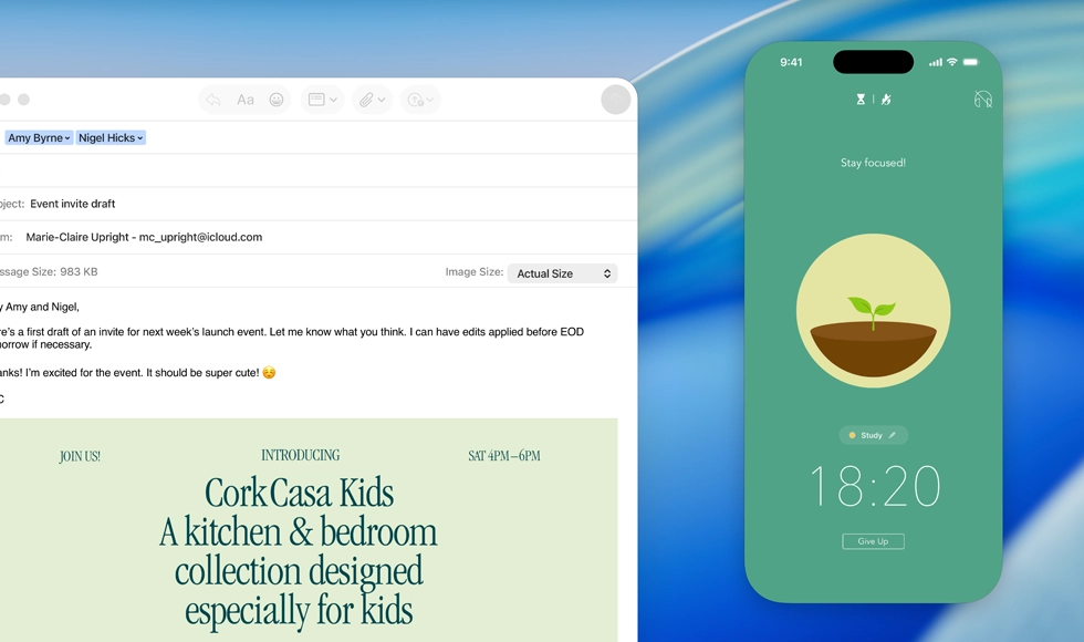 MacBook 螢幕顯示已開啟的郵件 app；iPhone 螢幕鏡像輸出至 MacBook 螢幕，顯示 Forest app 的蕃茄工作法計時器