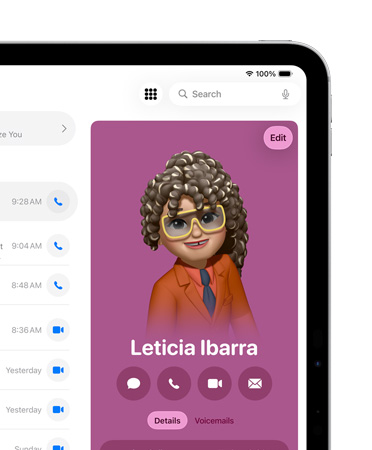 iPad 螢幕右前方展示在電話 app 開啟聯絡人卡片，並設有訊息和通話等選項