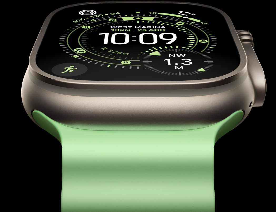 Apple Watch Ultra 3, titanium case, natural colour, compass on Orienteering watch face, Ocean Band, neon green colour