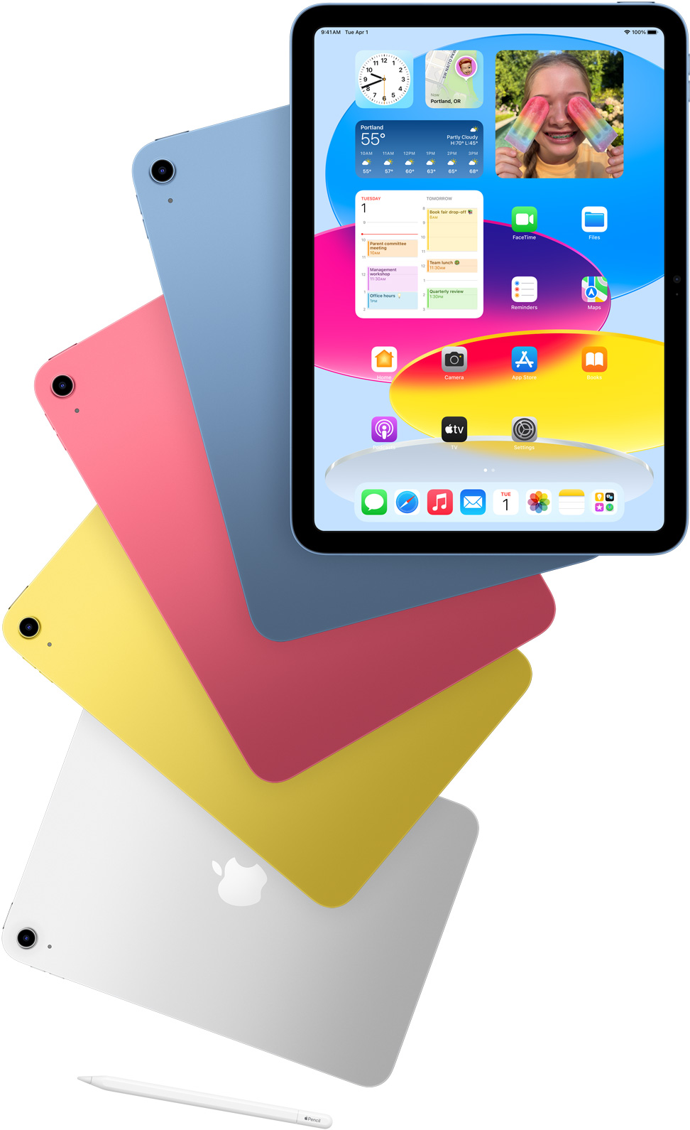 Front view iPad shows the home screen with blue, pink, yellow, and silver rear-facing iPads. An Apple Pencil sits nears the arranged iPad models.