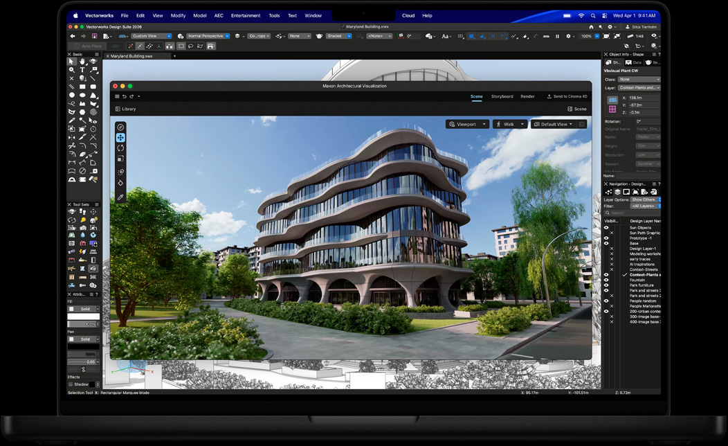MacBook Pro screen showing Vectorworks Design Suite with Maxon Redshift