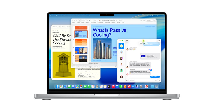 ตัวอย่างของแอปต่างๆ เช่น Microsoft PowerPoint, Messages และ Pages บน MacBook Pro 14