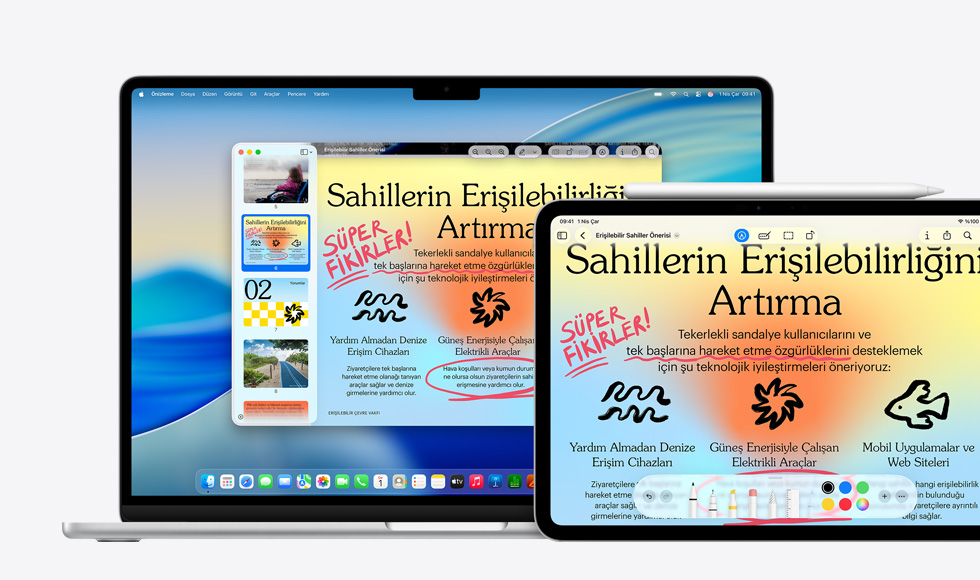 Birden fazla Apple aygıtı, her aygıtta aynı görsel, iPad’deki görsel üzerinde işaretleme yapmak için bir Apple Pencil kullanılmış, işaretleme diğer aygıtlarda da gösteriliyor