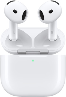 Τα AirPods 4 αιωρούνται πάνω από τη θήκη φόρτισης με το καπάκι ανοιχτό.