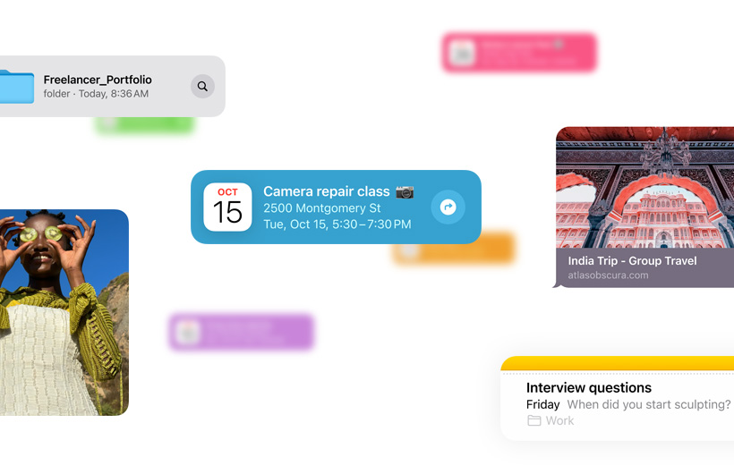 Snippets of information like calendar events, photos and notes shows the many sources Siri can draw from