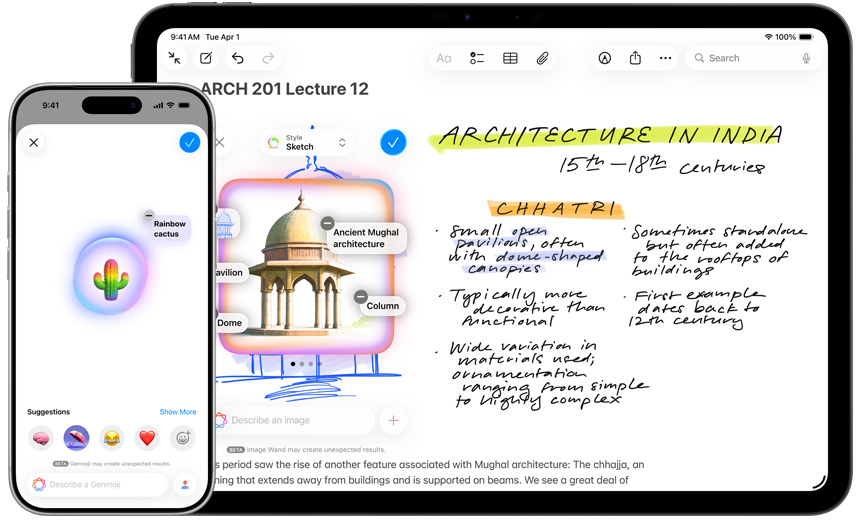 iPhone and iPad showing Genmoji creating a rainbow cactus, and Image Wand turning a sketch into a Mughal pavilion.