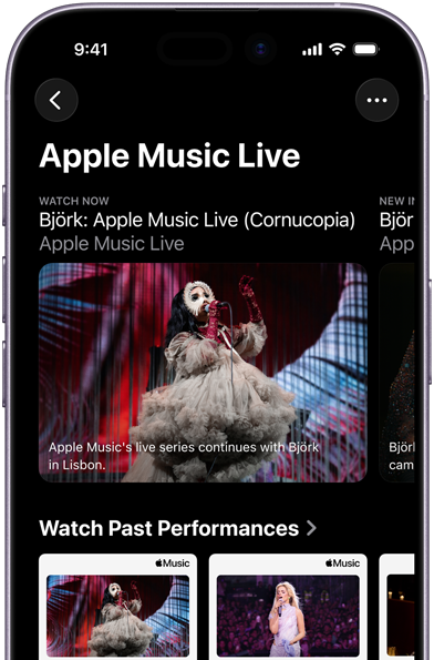 Apple Music Live screen on iPhone showing Watch Now and past performances
