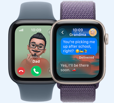 Apple Watch SE 3 devices, screens: incoming call from Dad, Messages with Grandma