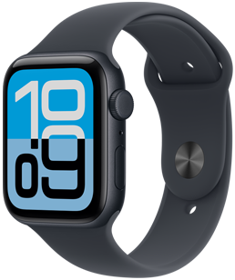 Apple Watch SE 3, alumiiniumist korpus, öösinine, Flux sihverplaat, parema külje välimus, Digital Crown, mikrofon, kügnupp, öösinine Sport Band, öösinine tihvtkinnitus