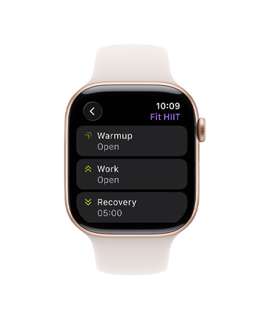 Apple Watch Series 11, toonis roosa kuld, alumiiniumist korpus, Workouti rakendus, kohandatud treeningkaart, rihm, õrnroosa Sport Band