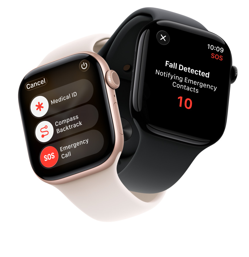 Apple Watch Series 11 seadmed kokku põimitud, alumiiniumist korpused, kuldne roosa ja poleeritud teemantmust, turvafunktsioonid: meditsiiniline ID, kompass, hädaabikõne, animatsioon, Sport Band, heleroosa ja must