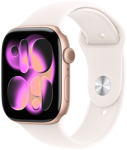 Apple Watch Series 11, rose gold color, aluminum case, Responsive Art watch face, right side exterior, Digital Crown, microphone, side button, Sport Band, light blush color, silver pin-and-tuck closure