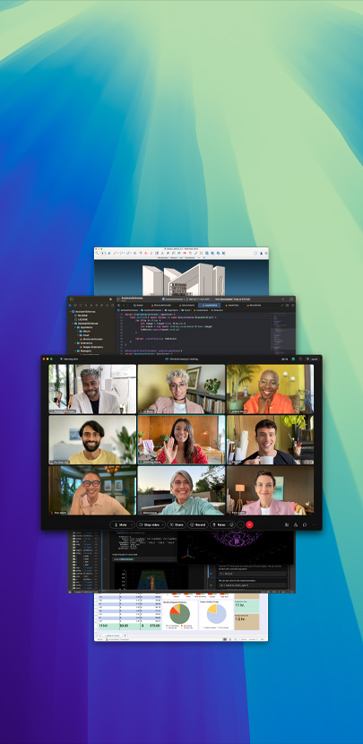 Se muestran diferentes apps abiertas una sobre la otra. En primer plano se ve la app Zoom con una llamada entre varios participantes.