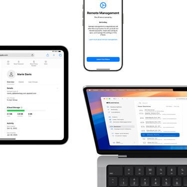 Différentes fonctionnalités d’Apple Business Manager affichées sur iPad, iPhone et MacBook.