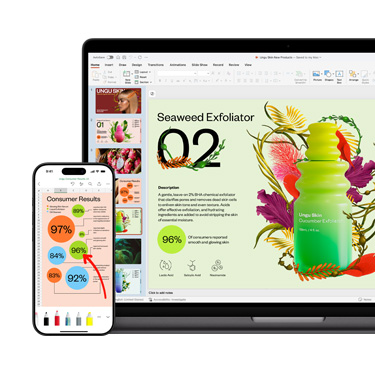 Vue de face d’un Mac et d’un iPhone affichant différentes sections d’une présentation très colorée sur un produit pour la peau.