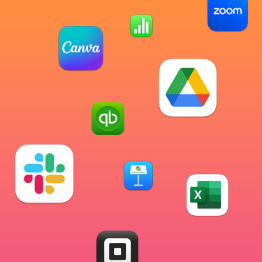 Des icônes d’apps de productivité comme Slack, Canva, Google Workspace, Zoom, QuickBooks, Keynote, Excel, Square et Numbers sur un fond coloré.