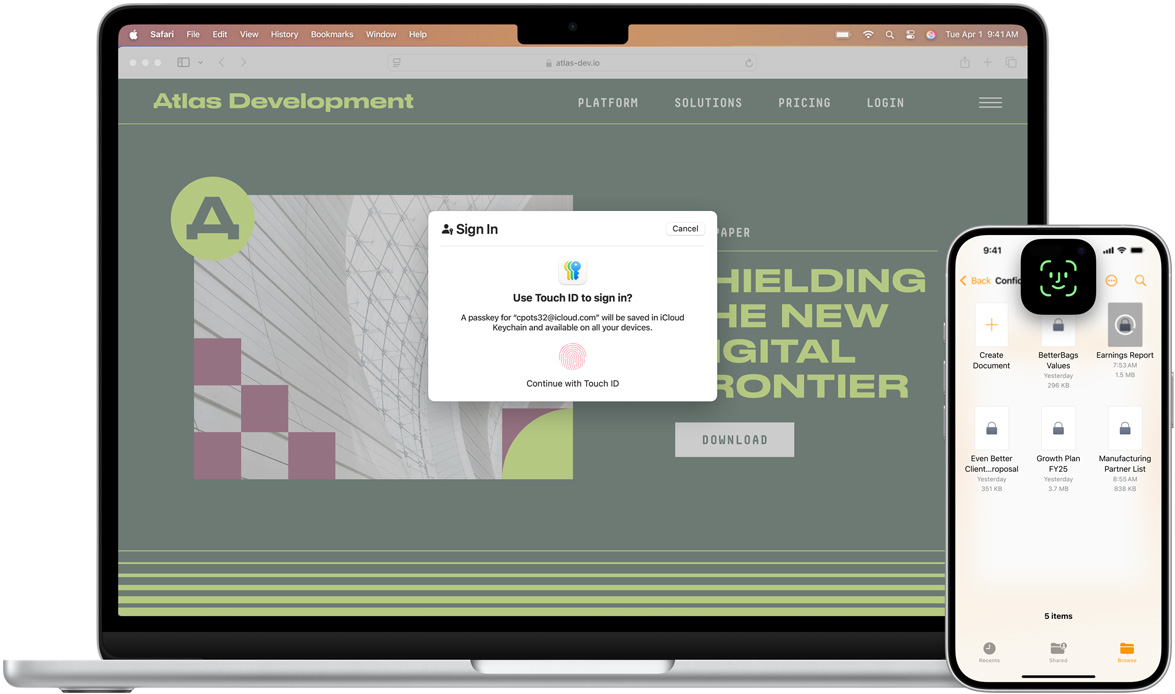 Vue de face d’un MacBook affichant une fenêtre Touch ID. Devant le MacBook, un iPhone montre Face ID à l’écran.