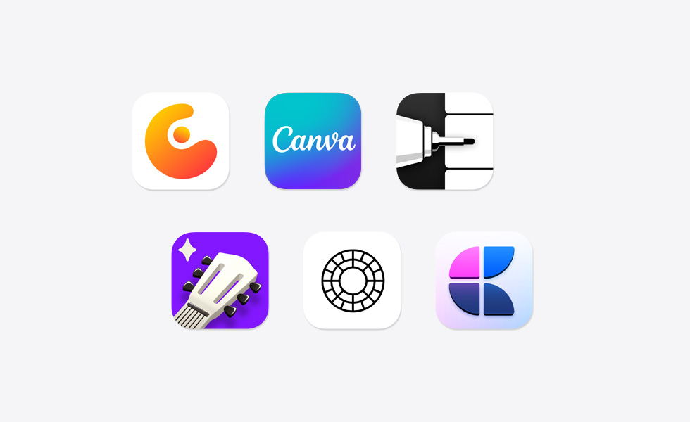 Plusieurs icônes d’apps dispersées, dont Concepts, Canva, Flow Note Taking, Simply Guitar, VSCO et Craft