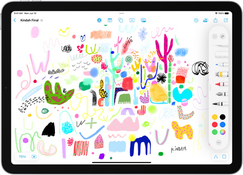Sur iPad, le tiroir d’outils à dessin est ouvert au-dessus d’un dessin coloré dans l’app Freeform