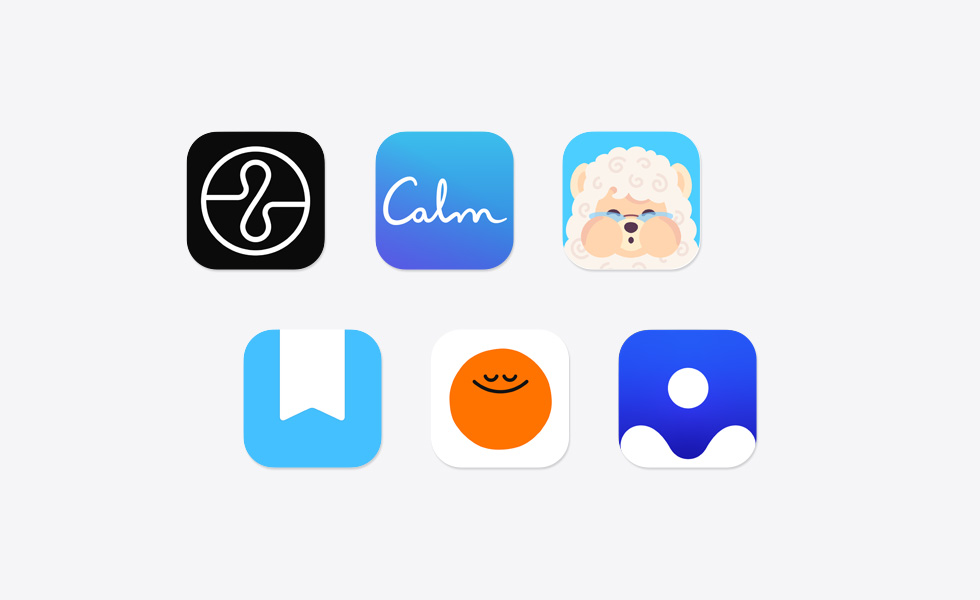 Plusieurs icônes d’apps dispersées, dont Endel, Calm, Mindllama, Day One Journal, Headspace et Clearful