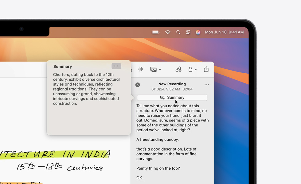 Le résumé d’une transcription audio dans l’app Notes sur un MacBook, créé par l’outil de résumé d’Apple Intelligence