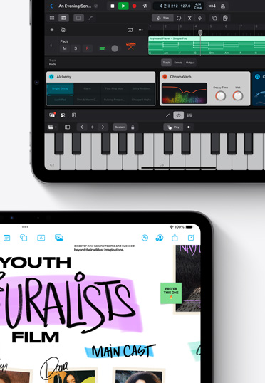 Deux iPad affichant les apps Logic Pro et Freeform.