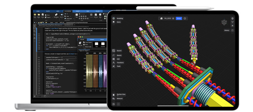 Des apps pour les sciences, la technologie, l’ingénierie et les mathématiques affichées sur un MacBook et un iPad, avec un Apple Pencil Pro à côté du iPad.