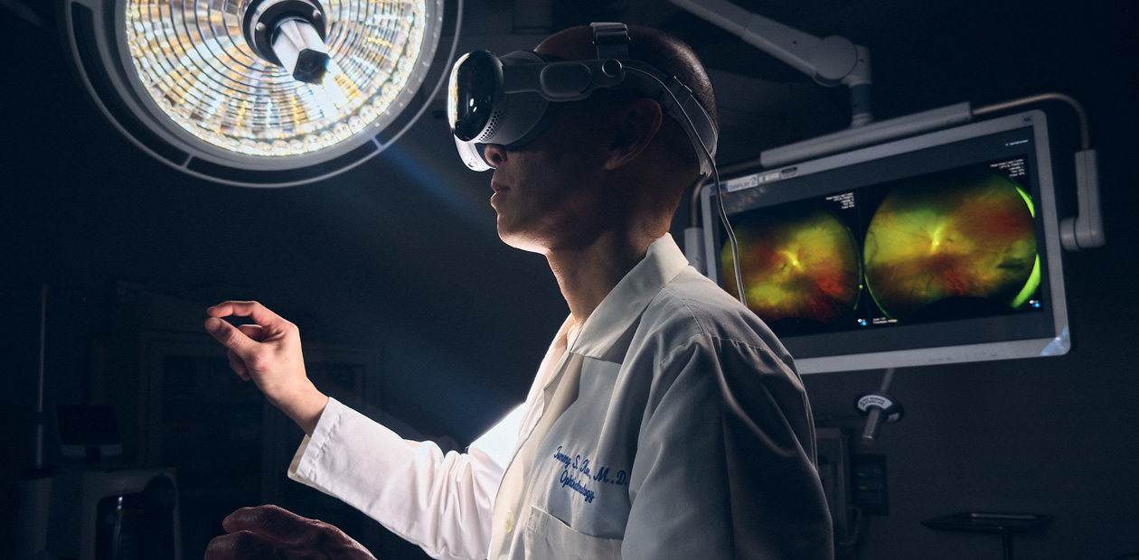 A surgeon wearing Apple Vision Pro in the operating theatre.